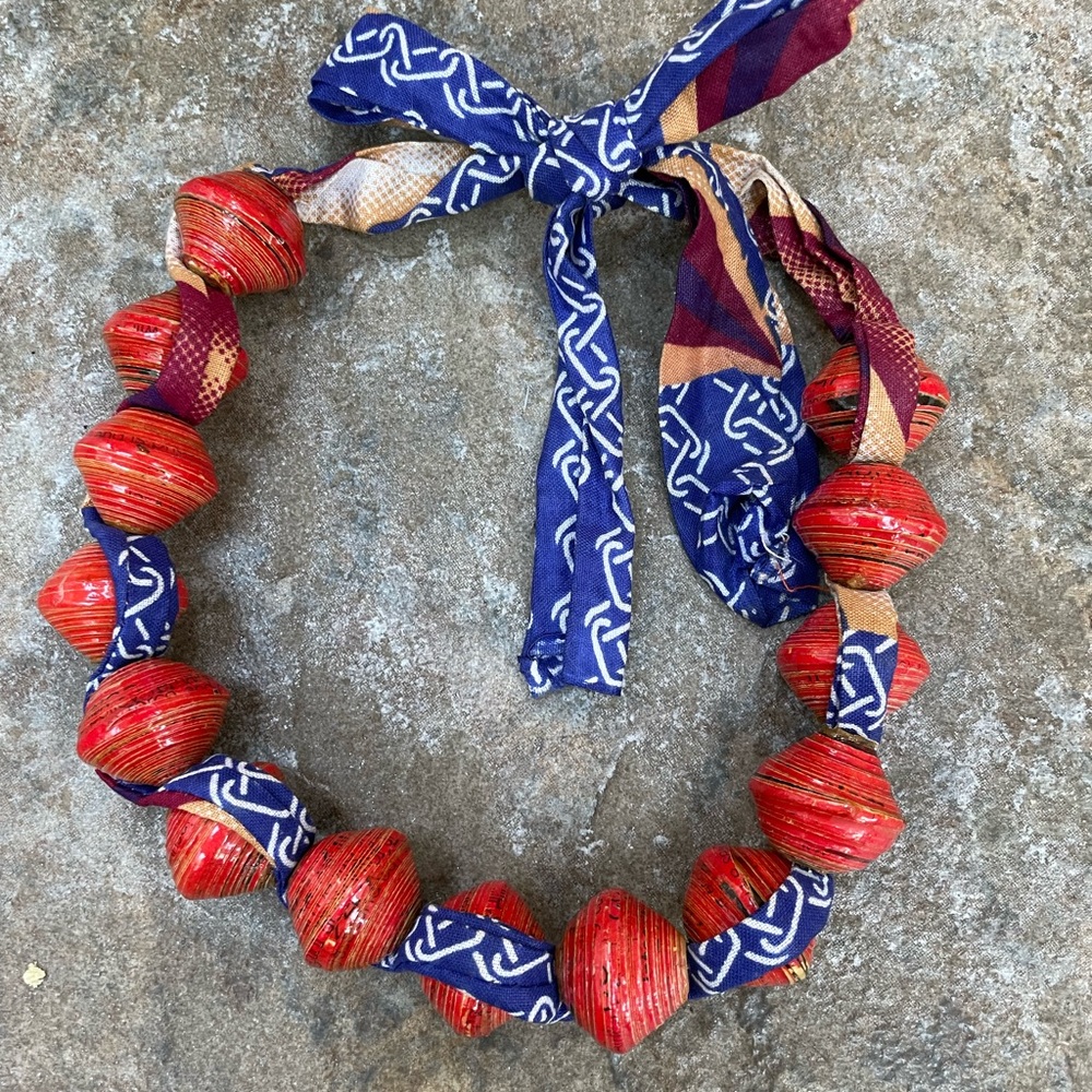 Striking and versatile!  Resin bead necklace with kantha style ribbon